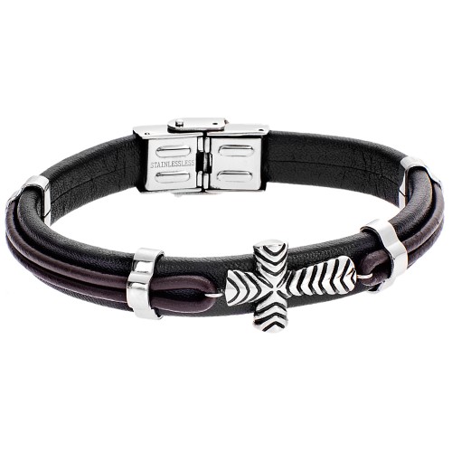 Βραχιόλι Ανδρικό Καφέ-Μαύρο Με Δέρμα Και Σταυρό SENZA Steel-Leather - SSD1926B