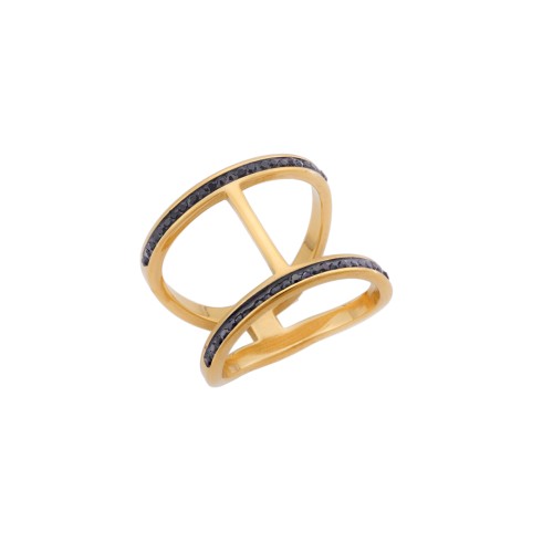 Δαχτυλίδι Senza Gold Plated Steel, φαρδύ με μαύρες πέτρες - SSD5117GBK
