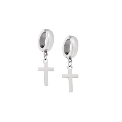 Σκουλαρίκια Γυναικεία SENZA κρίκος με κρεμαστό σταυρό (για μη τρυπημένα αυτιά) από Ατσάλι - SSD5184SR