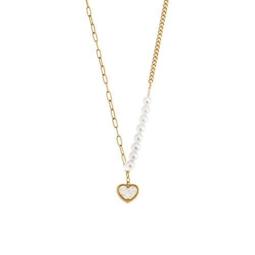 Κολιέ Senza Gold Plated Stainless Steel, Καρδιά με φίλντισι και πέρλες - SSD5273GD