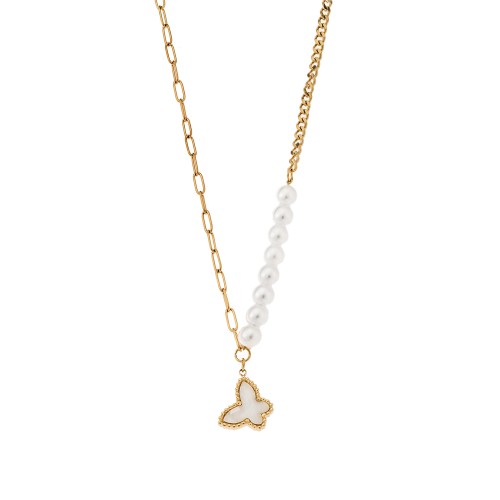 Κολιέ Senza Gold Plated Stainless Steel, Πεταλούδα με φίλντισι και πέρλες - SSD5274GD