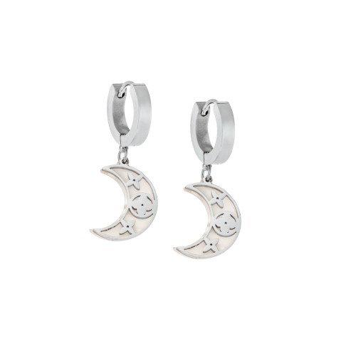 Σκουλαρίκια Γυναικεία SENZA κρίκοι από Ατσάλι με λευκό φεγγαράκι - SSD5314SWH