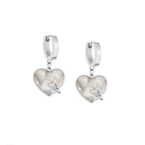 Σκουλαρίκια Γυναικεία SENZA κρίκοι από Ατσάλι με λευκή καρδιά και αστέρι - SSD5315SWH