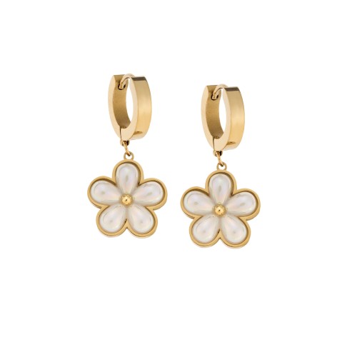 Σκουλαρίκια Γυναικεία SENZA κρίκοι από επιχρυσωμένο Ατσάλι με λευκό λουλουδάκι - SSD5318GWH