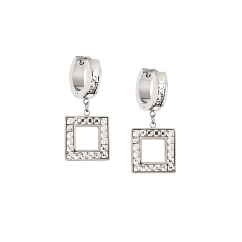 Σκουλαρίκια Γυναικεία SENZA κρίκοι από Ατσάλι, τετράγωνο με λευκές πέτρες - SSD5345SR