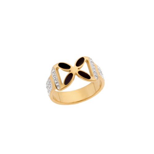 Δαχτυλίδι Senza Gold Plated Steel, Μαύρο λουλούδι με λευκές πέτρες - SSD5512GD