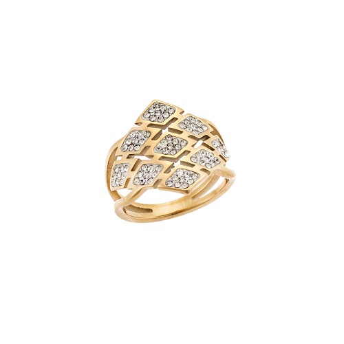 Δαχτυλίδι Senza Gold Plated Steel, Με ρόμβους και λευκές πέτρες - SSD5514GD