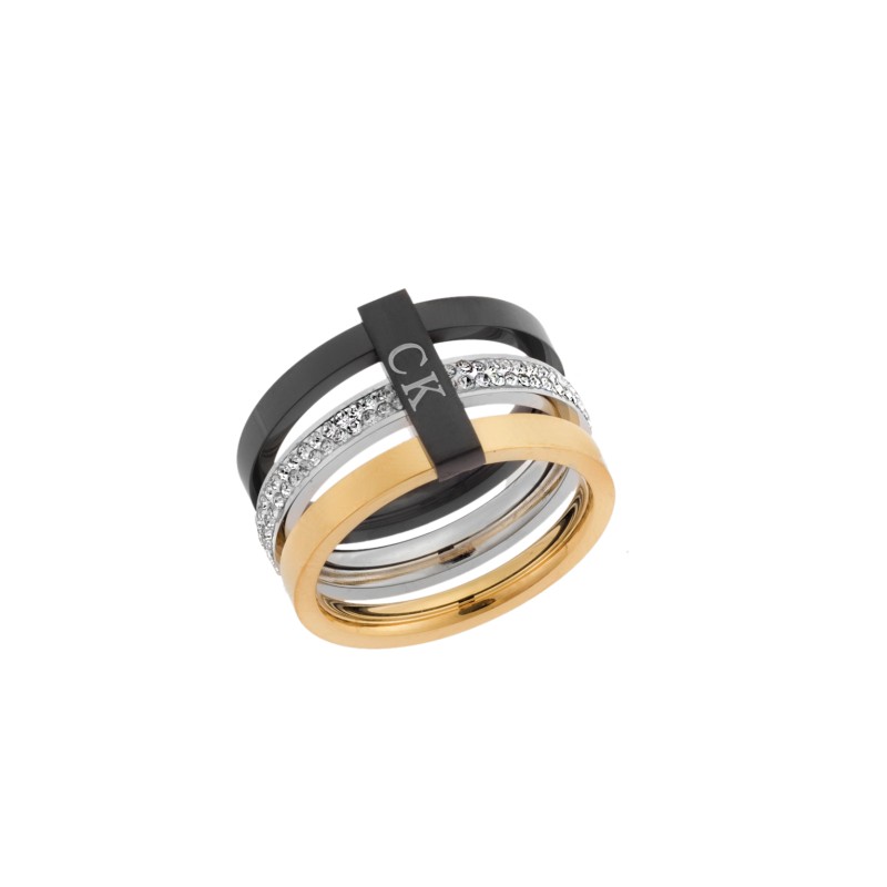 Δαχτυλίδι Senza Gold Plated Steel, Τρίχρωμο με σχέδιο τύπου "CK" και λευκές πέτρες - SSD5523