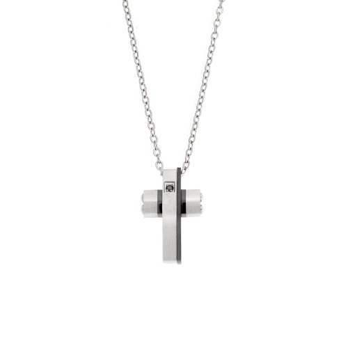 Κολιέ Senza Men's Steel, Δίχρωμος Σταυρός από Ατσάλι, με μαύρη πέτρα - SSD5551SBK