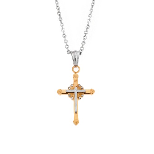 Μοτίφ Senza Men's Steel, Δίχρωμος Σταυρός από ατσάλι με πέτρες - SSD5636-1SGD