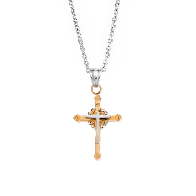 Μοτίφ Senza Men's Steel, Δίχρωμος Σταυρός από ατσάλι με πέτρες - SSD5636SGD