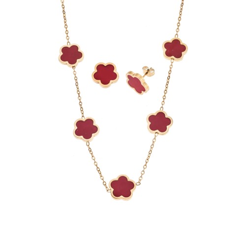 Σετ Γυναικείο Senza Gold Plated Stainless Steel, Κολιέ και σκουλαρίκια με κόκκινες μαργαρίτες - SSD5741GRD