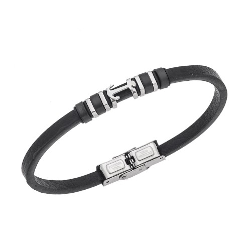 Βραχιόλι Senza Men's Steel, Black Leather Strap With Silver Anchor - SSD5768SBK