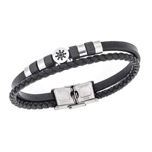 Βραχιόλι Senza Men's Steel, Black Leather Strap, με τιμόνι και μαύρα στοιχεία - SSD5779SBK
