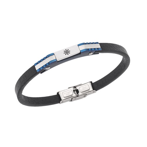 Βραχιόλι Senza Men's Steel, Black Leather Strap, Σχέδιο με τιμόνι - SSD5780SBL