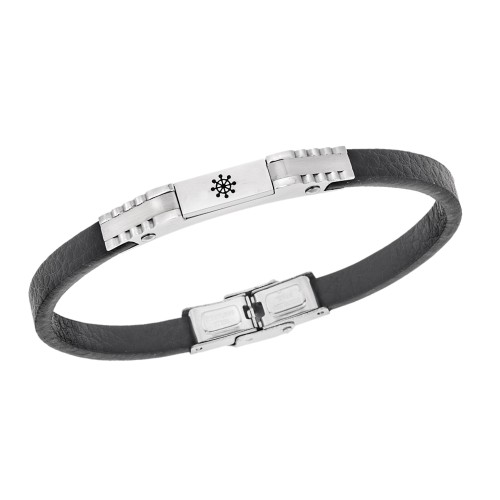 Βραχιόλι Senza Men's Steel, Black Leather Strap, Σχέδιο με τιμόνι - SSD5780SR