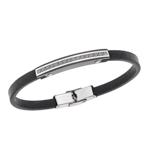 Βραχιόλι Senza Men's Steel, Black Leather Strap, Σχέδιο με μαίανδρο - SSD5781SBK