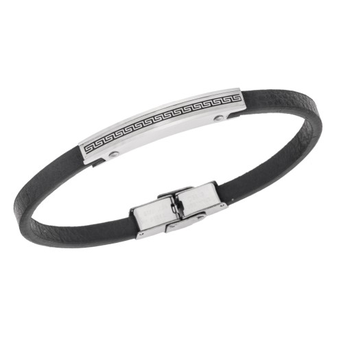 Βραχιόλι Senza Men's Steel, Black Leather Strap, Σχέδιο με μαίανδρο - SSD5781SR