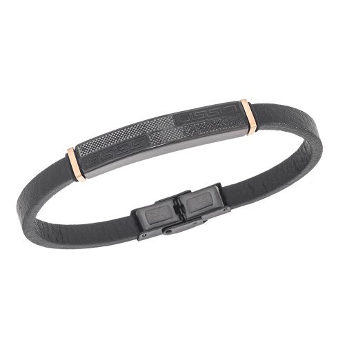 Βραχιόλι Senza Men's Steel, Black Leather Strap, με σχέδιο από διπλό μαίανδρο - SSD5783RBK