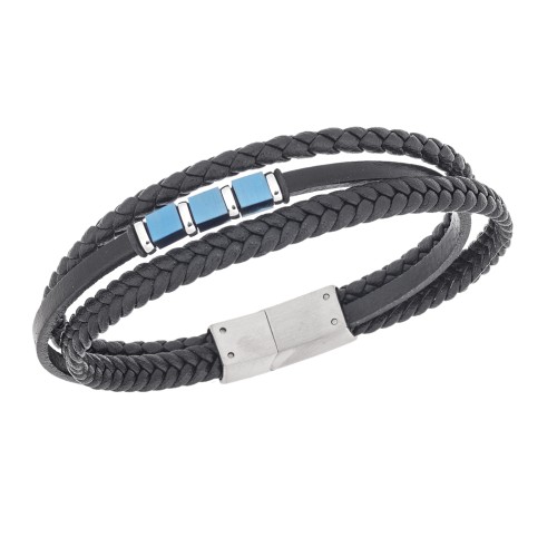 Βραχιόλι τριπλό Senza Men's Steel, Black Leather Strap, με ασημί & μπλε στοιχεία - SSD5788SBL