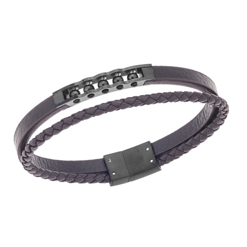 Βραχιόλι διπλό Senza Men's Steel, Brown Leather Strap, με μαύρο σχέδιο - SSD5791BKBN