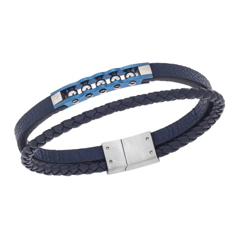 Βραχιόλι διπλό Senza Men's Steel, Blue Leather Strap, με ασημί & μπλε σχέδιο - SSD5791SBL