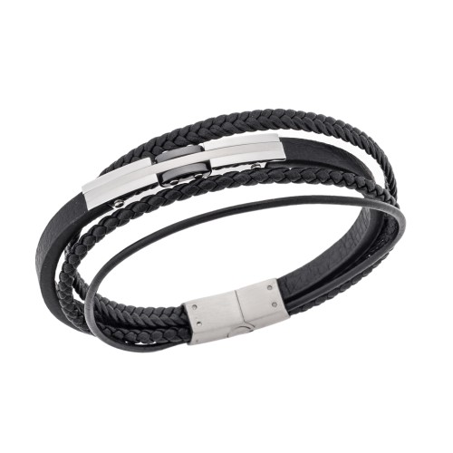 Βραχιόλι τριπλό Senza Men's Steel, Black Leather Strap, με ασημί & μαύρο σχέδιο - SSD5792SBK