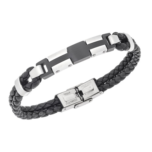 Βραχιόλι διπλό Senza Men's Steel, Black Leather Strap, με ασημί & μαύρο σχέδιο - SSD5793SBK