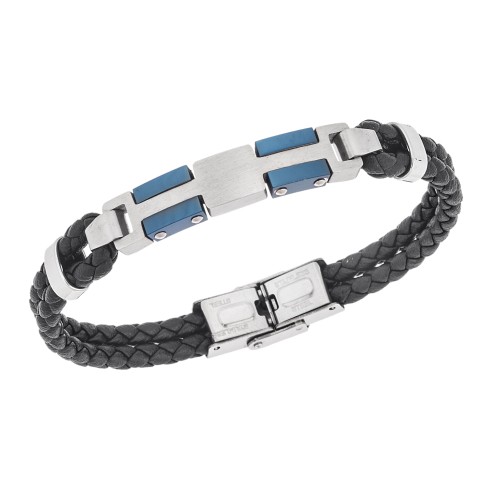 Βραχιόλι διπλό Senza Men's Steel, Black Leather Strap, με ασημί & μπλε σχέδιο - SSD5793SBL
