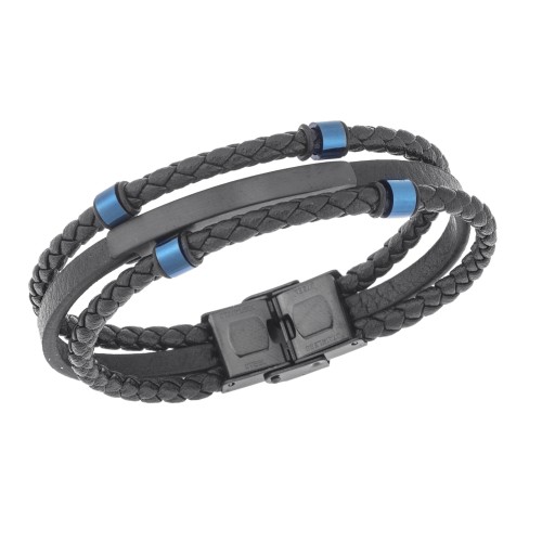 Βραχιόλι τριπλό Senza Men's Steel, Black Leather Strap, με μαύρη ταυτότητα και μπλε στοιχεία - SSD5795BBL
