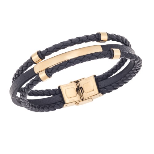 Βραχιόλι τριπλό Senza Men's Gold Plated Steel, Black Leather Strap, με χρυσή ταυτότητα και στοιχεία - SSD5795GBK