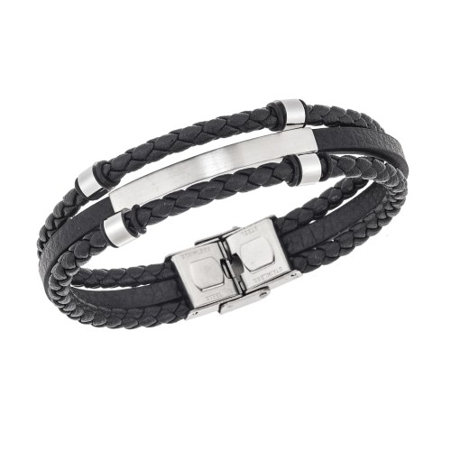 Βραχιόλι τριπλό Senza Men's Steel, Black Leather Strap, με ασημί ταυτότητα και στοιχεία - SSD5795SBK