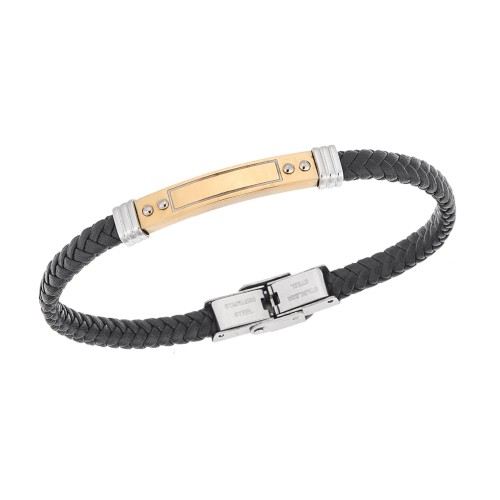 Βραχιόλι Senza Men's Gold Plated Steel, Black Leather Strap, με δίχρωμη ταυτότητα - SSD5797SGD