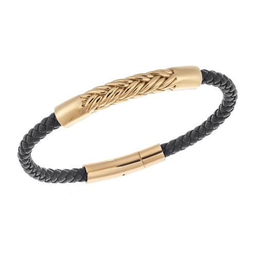 Βραχιόλι Senza Men's Steel, Black Leather Strap, με χρυσό σχέδιο - SSD5806GD