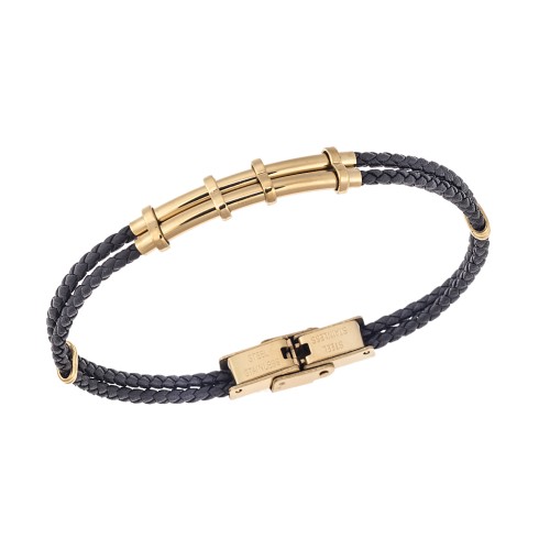 Βραχιόλι Senza Men's Gold Plated Steel, Black Leather Strap, με χρυσό σχέδιο - SSD5807GD