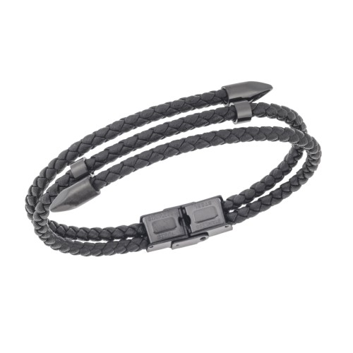 Βραχιόλι Senza Men's Steel, Black Leather Strap, με μαύρο σχέδιο - SSD5811BBK