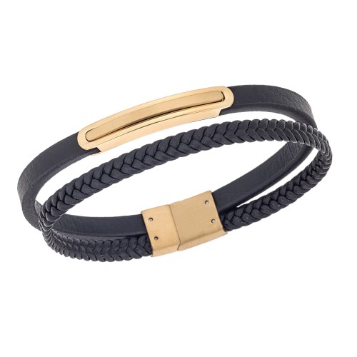 Βραχιόλι διπλό Senza Men's Gold Plated Steel, Black Leather Strap, με χρυσή ταυτότητα - SSD5815GD