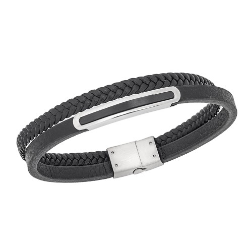 Βραχιόλι διπλό Senza Men's Steel, Black Leather Strap, με δίχρωμη ταυτότητα - SSD5815SBK