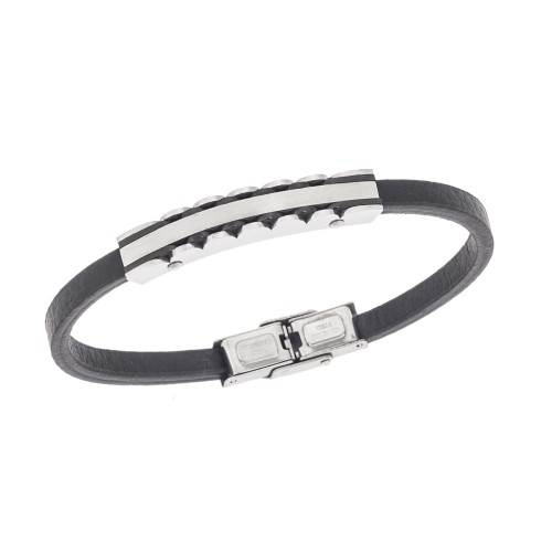 Βραχιόλι Senza Men's Steel, Black Leather Strap, με χρυσή ταυτότητα - SSD5816SR