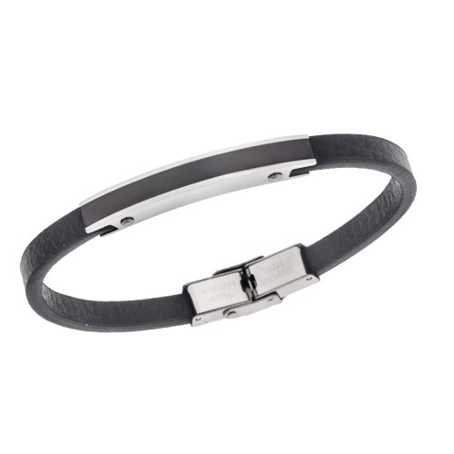 Βραχιόλι Senza Men's Steel, Βlack Leather Strap, με ασημί & μαύρη ταυτότητα - SSD5820SBK