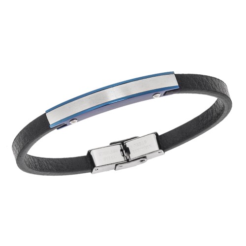Βραχιόλι Senza Men's Steel, Βlack Leather Strap, με ασημί & μπλε ταυτότητα - SSD5820SBL