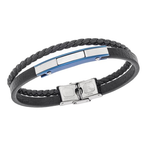 Βραχιόλι διπλό Senza Men's Steel, Βlack Leather Strap, με ασημί & μπλε ταυτότητα - SSD5821SBL