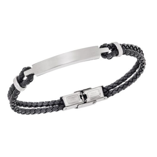 Βραχιόλι Senza Men's Steel, Βlack Leather Strap, με ασημί ταυτότητα - SSD5822SBK