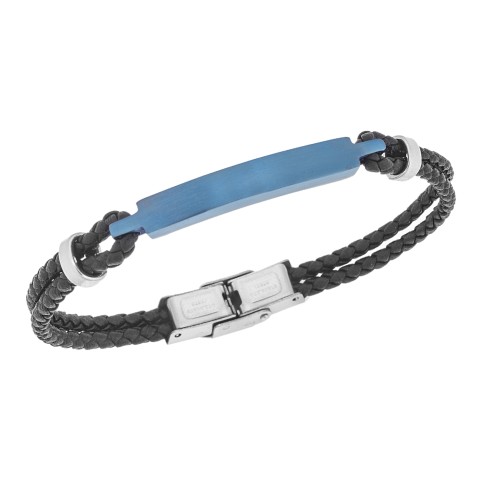 Βραχιόλι Senza Men's Steel, Βlack Leather Strap, με μπλε ταυτότητα - SSD5822SBL