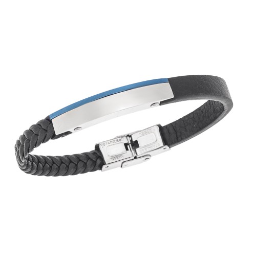 Βραχιόλι Senza Men's Steel, Βlack Leather Strap, με μπλε & ασημί ταυτότητα - SSD5823SBL