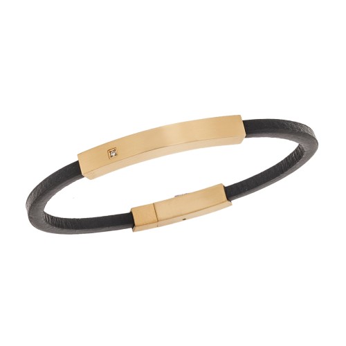 Βραχιόλι Senza Men's Steel, Βlack Leather Strap, με χρυσή ταυτότητα και πέτρα - SSD5824GD