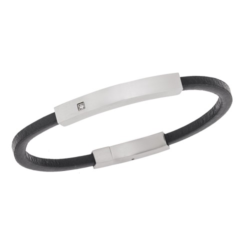 Βραχιόλι Senza Men's Steel, Βlack Leather Strap, με ασημί ταυτότητα και πέτρα - SSD5824SR
