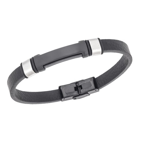 Βραχιόλι Senza Men's Steel, Βlack Leather Strap, με μαύρη ταυτότητα - SSD5826SBK