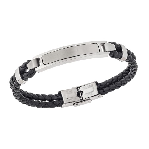 Βραχιόλι διπλό Senza Men's Steel, Black Leather Strap, με ασημί ταυτότητα - SSD5831SR