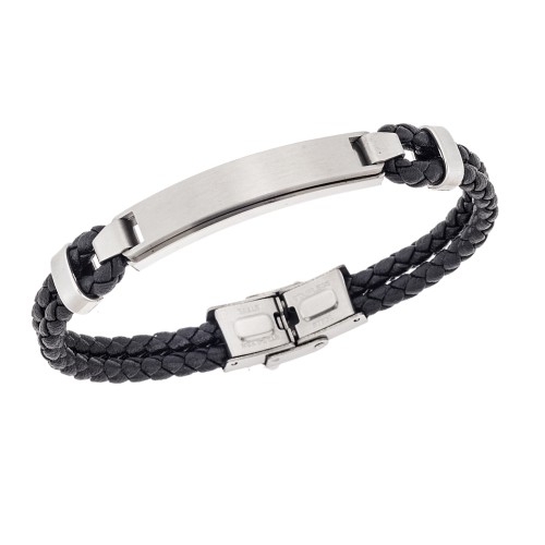 Βραχιόλι διπλό Senza Men's Steel, Black Leather Strap, με ασημί ταυτότητα - SSD5832SR